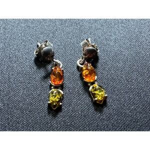 Vintage 925 Sterling Green and Cognac Amber Post Earrings